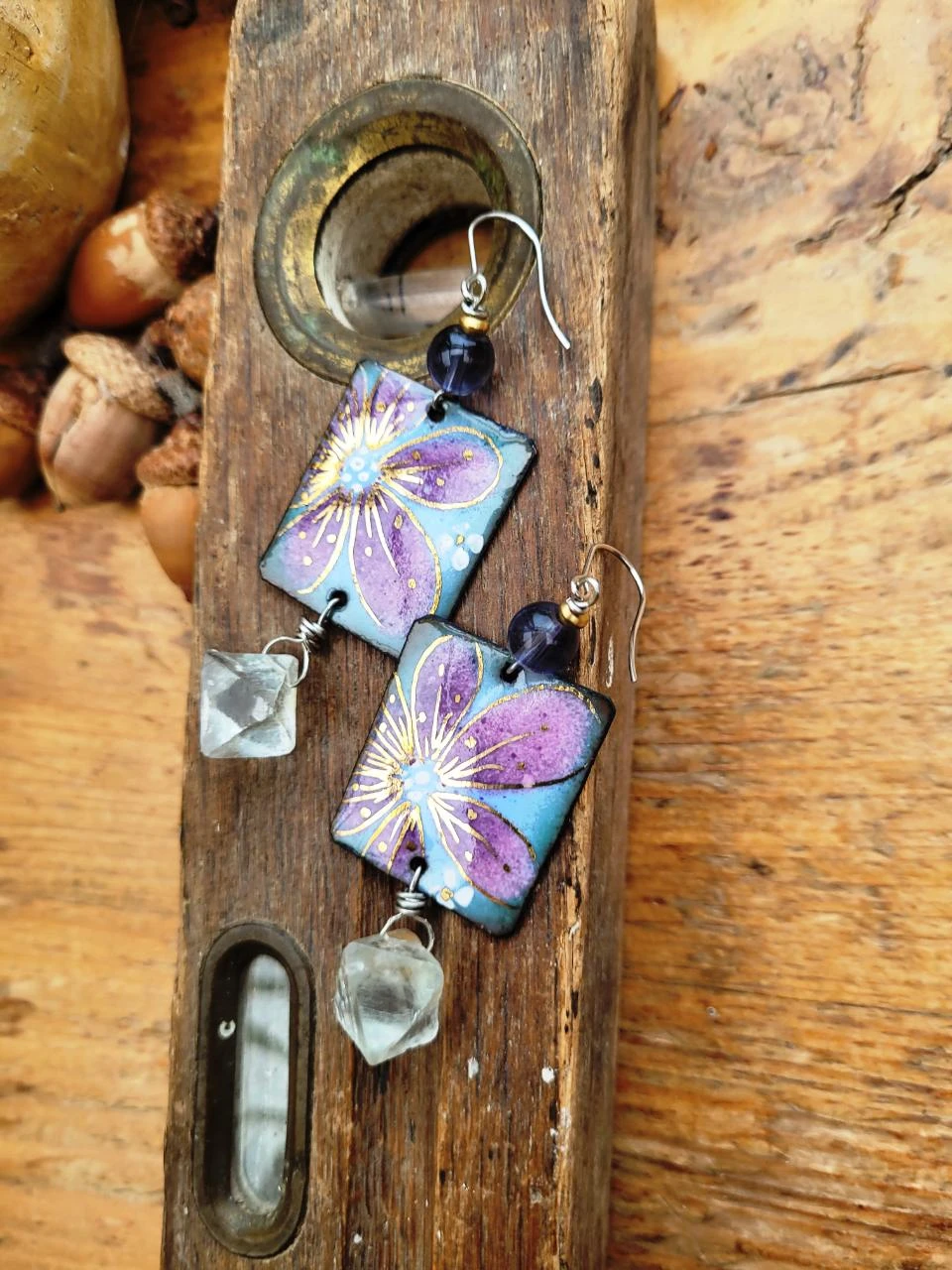 Natural earrings with handmade enamel flower charm, fluorite octahedron – photo 6